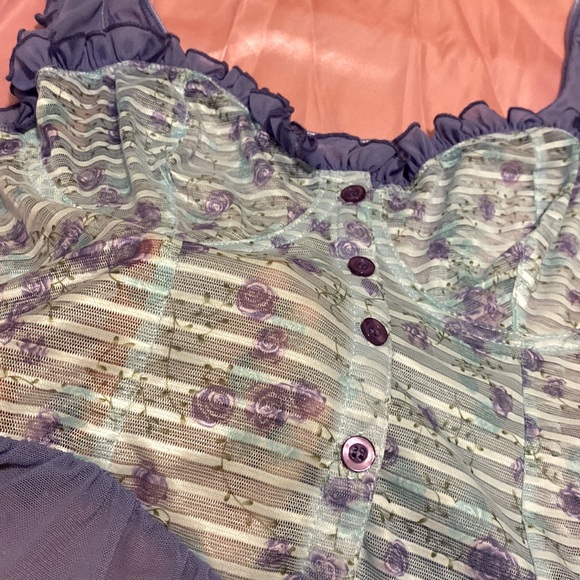 Y2K Blue Rose See-Through Ruffle Crop Top w/Underwire - Picture 3 of 5